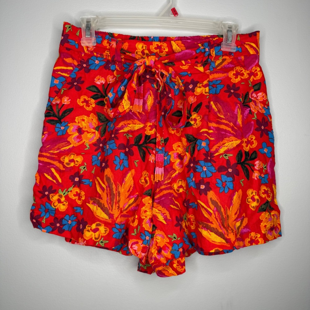 C&C California Shorts Women 6 Red Floral Linen Blend Beaded Tassel Elastic Waist